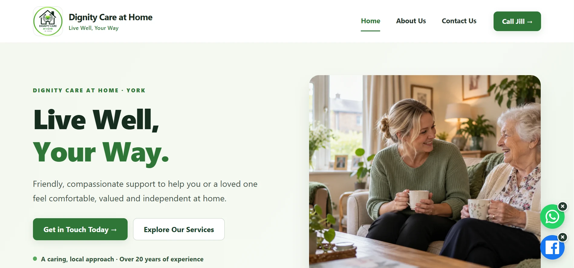 Real screenshot of the Dignity Care at Home homepage